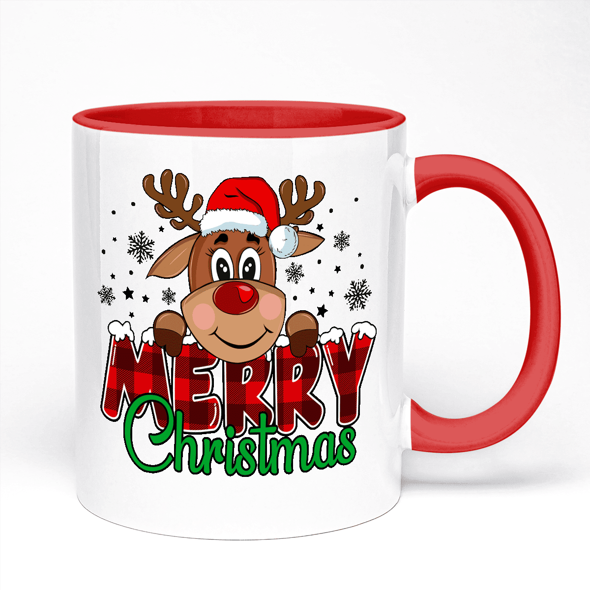 Cute Reindeer Christmas Mug | 11oz Ceramic Mug With Red Handle And Red Inner Part | 10 Colour Options Available