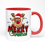 Cute Reindeer Christmas Mug | 11oz Ceramic Mug With Red Handle And Red Inner Part | 10 Colour Options Available