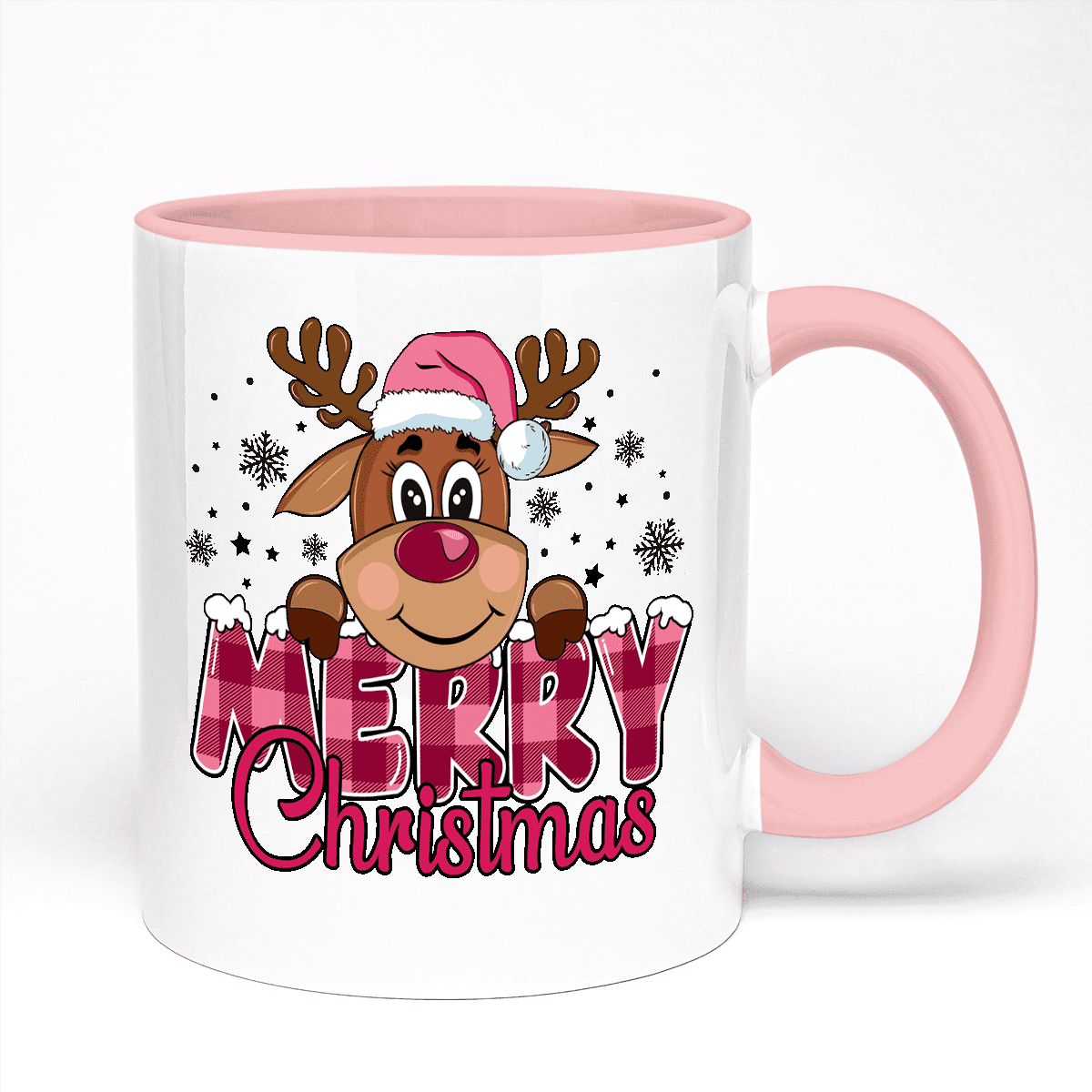 Pink Reindeer Christmas Mug | 11oz Ceramic Mug With Pink Handle And Pink Inner Part | 10 Colour Options Available To Choose From