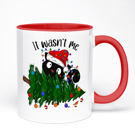 Cute Cat Mug Featuring It Wasn't Me Cat With Fallen Christmas Tree | 11oz Ceramic Mug, Red Handle And Red Inner | 10 Colour Options Available