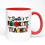 Teachers Mugs Featuring Santas Favourite Teacher Christmas Design | 11oz Ceramic Mug, Red Handle And Inner | 10 Colour Options Available