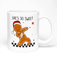 Christmas Mug Featuring Cute Gingerbread Man and She's So Sweet Design | 11oz Ceramic Mug, White Handle And White Inner | 10 Colour Options Available