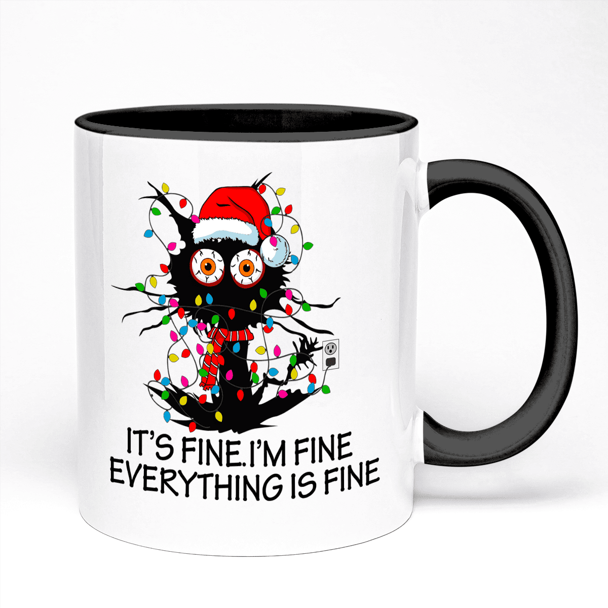 Funny Christmas Mug Featuring Confused Cat in It's Fine I'm Fine Everything Is Fine Design | 11oz Ceramic Mug, Black Handle And Inner | 10 Colour Options Available