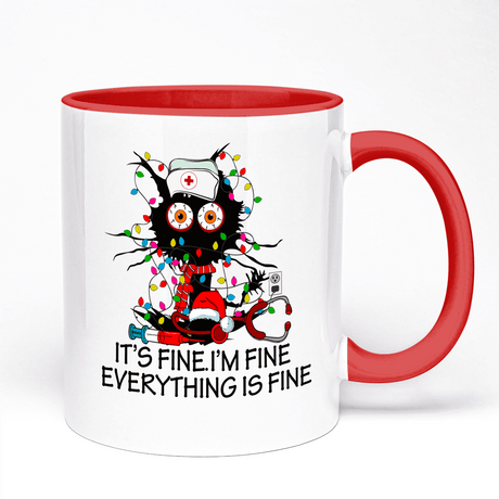 Christmas Mug For Nurse Featuring It's Fine I'm Fine Everything Is Fine Christmas Design | 11oz Ceramic Mug, Red Handle And Inner | 10 Colour Options Available