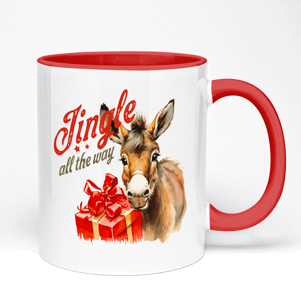 Donkey Christmas Mug Featuring Cute Donkey In Jingle All The Way Design | 11oz Ceramic Mug With Red Handle And Red Inner Part | 10 Colour Options Available