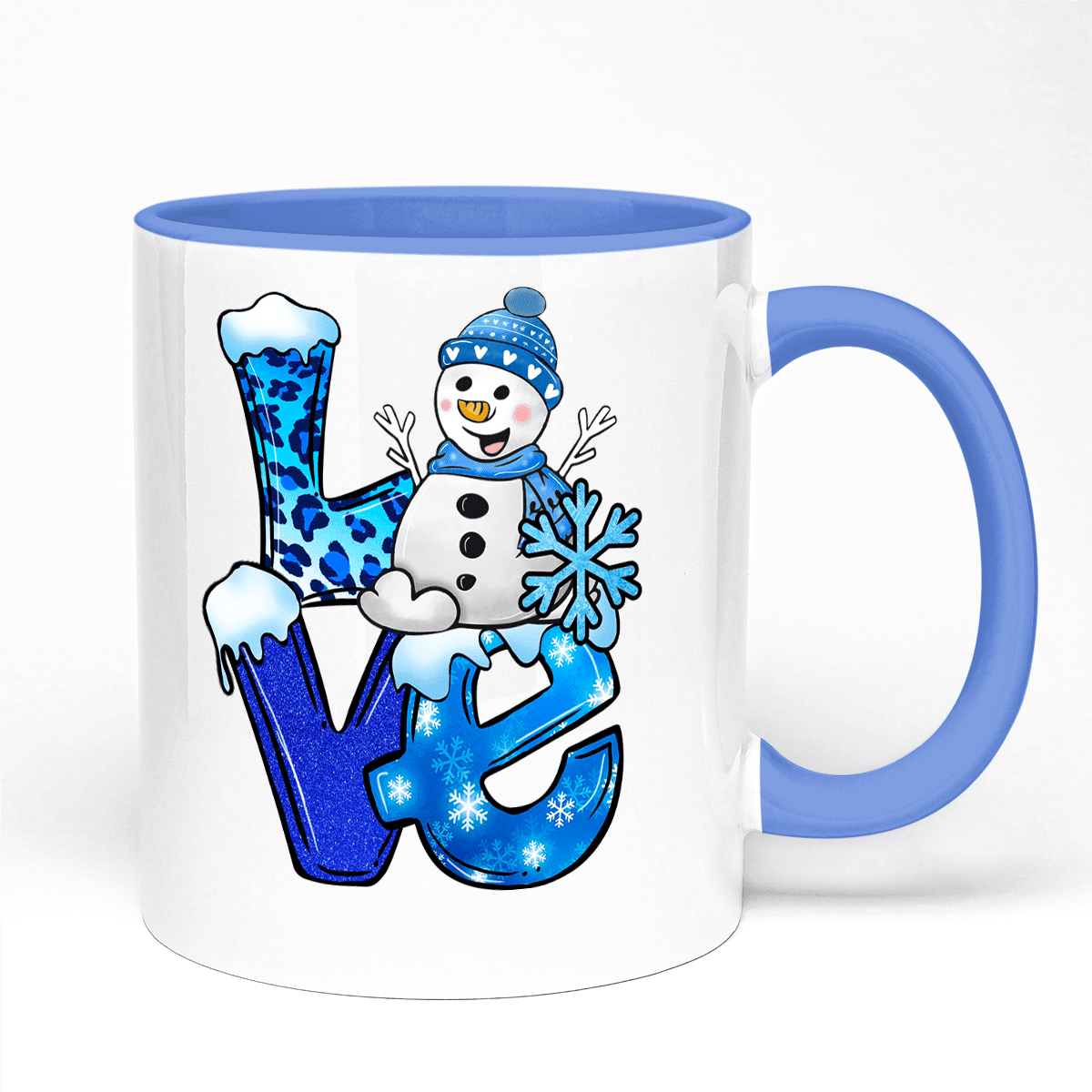 Adorable Christmas Mug Showcasing Cute Snowman Within LOVE Design | 11oz Ceramic Mug, Blue Handle And Blue Inner | 10 Colour Options Available