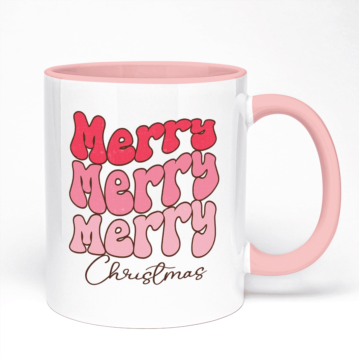 Christmas Mug Presenting Pink Merry Merry Merry Christmas Design | 11oz Ceramic Mug, Pink Handle And Pink Inner