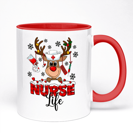 Christmas Mug Featuring Cute Reindeer In Nurse Life Design | 11oz Ceramic Mug, Red Handle And Red Inner