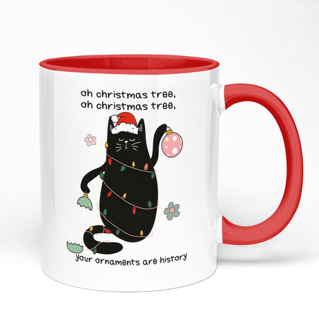 Christmas Mug Featuring Funny Cat Oh Christmas Tree Your Ornaments Are History Design | 11oz Ceramic Mug, Red Handle And Red Inner