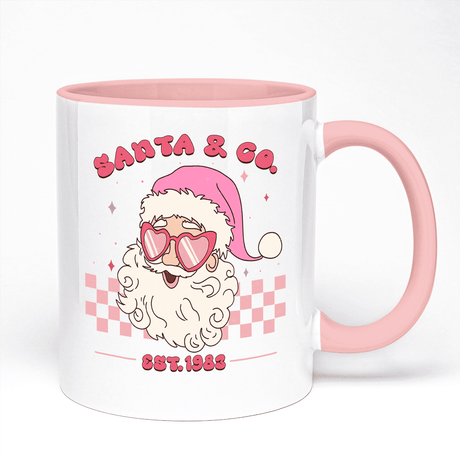 Christmas Mug Presenting Pink Santa And Co Design | 11oz Ceramic Mug, Pink Handle And Pink Inner