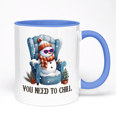 Christmas Mug Featuring Cool Snowman You Need To Chill Design | 11oz Ceramic Mug, Blue Handle And Blue Inner