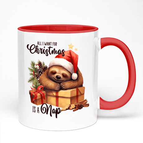 Sloth-Themed Christmas Mug | Cute Sleeping Sloth All I Want For Christmas Is a Nap Design | Ceramic 11oz Mug With Coloured Handle and Inner