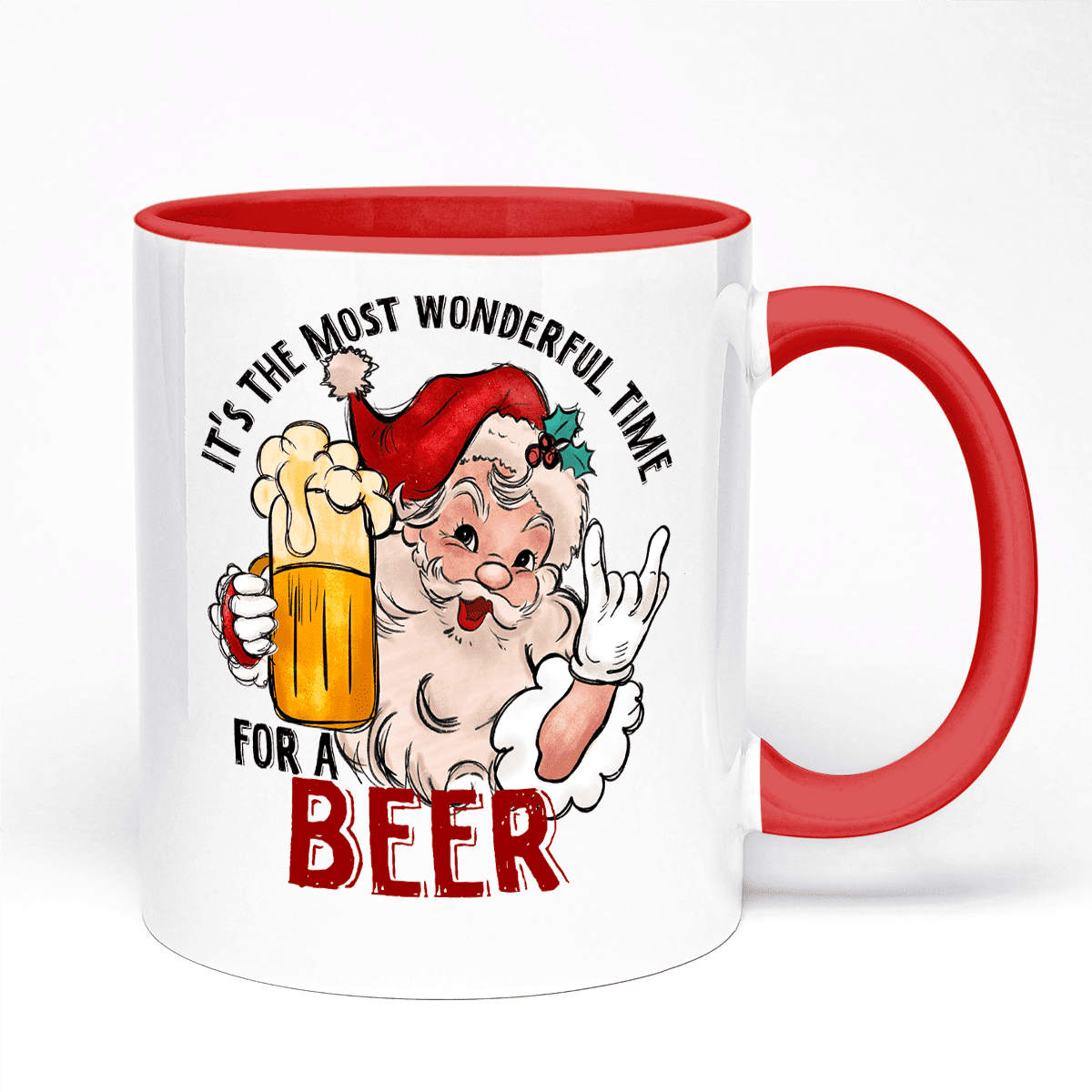 Funny Christmas Mug Featuring Santa And It Is Most Wonderful Time For A Beer Design | 11oz Ceramic Mug, Red Handle And Red Inner | 10 Colour Options Available