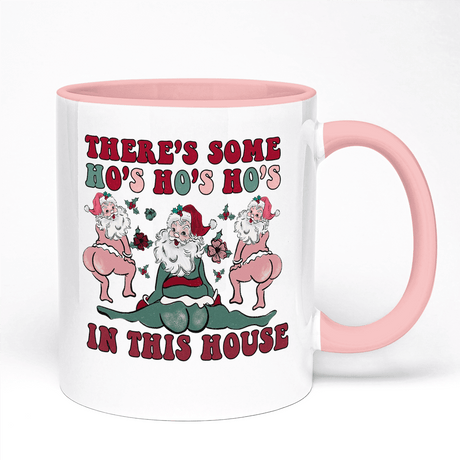 Christmas Mug Featuring Hilarious Santa Themed Design There Is Some Ho's Ho's Ho's In The House | 11oz Ceramic Mug, Pink Handle And Pink Inner | 10 Colour Options Available