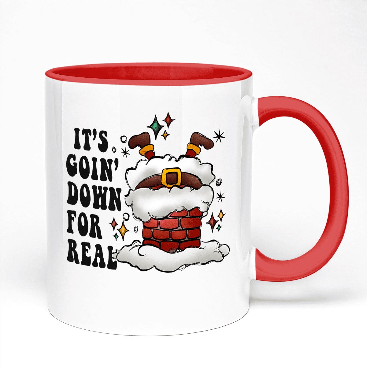 Funny Santa Mug Featuring It's Going Down For Real Design | 11oz Ceramic Mug, Red Handle And Red Inner | 10 Colour Options Available