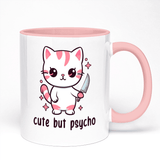 Quirky Cat Mug | Cute But Psycho Design | 11oz Ceramic Gift Mug with Coloured Handle and Inner