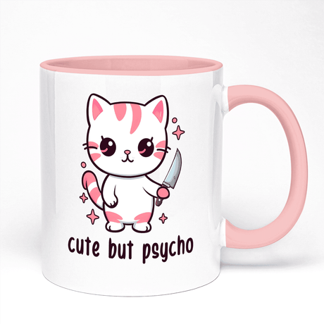 Quirky Cat Mug | Cute But Psycho Design | 11oz Ceramic Gift Mug with Coloured Handle and Inner