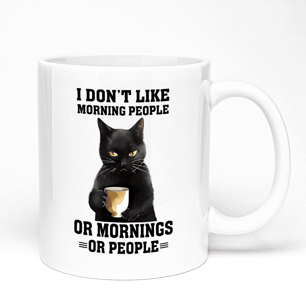 Black Cat Mug | Gift For Cat Lover Featuring I Do Not Like Morning People Design | 11oz Ceramic Mug Coloured Handle and Inner Option