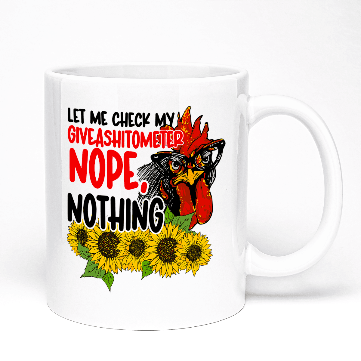 Funny Chicken Mug | 11oz Ceramic | Let Me Check My Givashitometer Design. Chicken wearing glasses behind the sunflowers