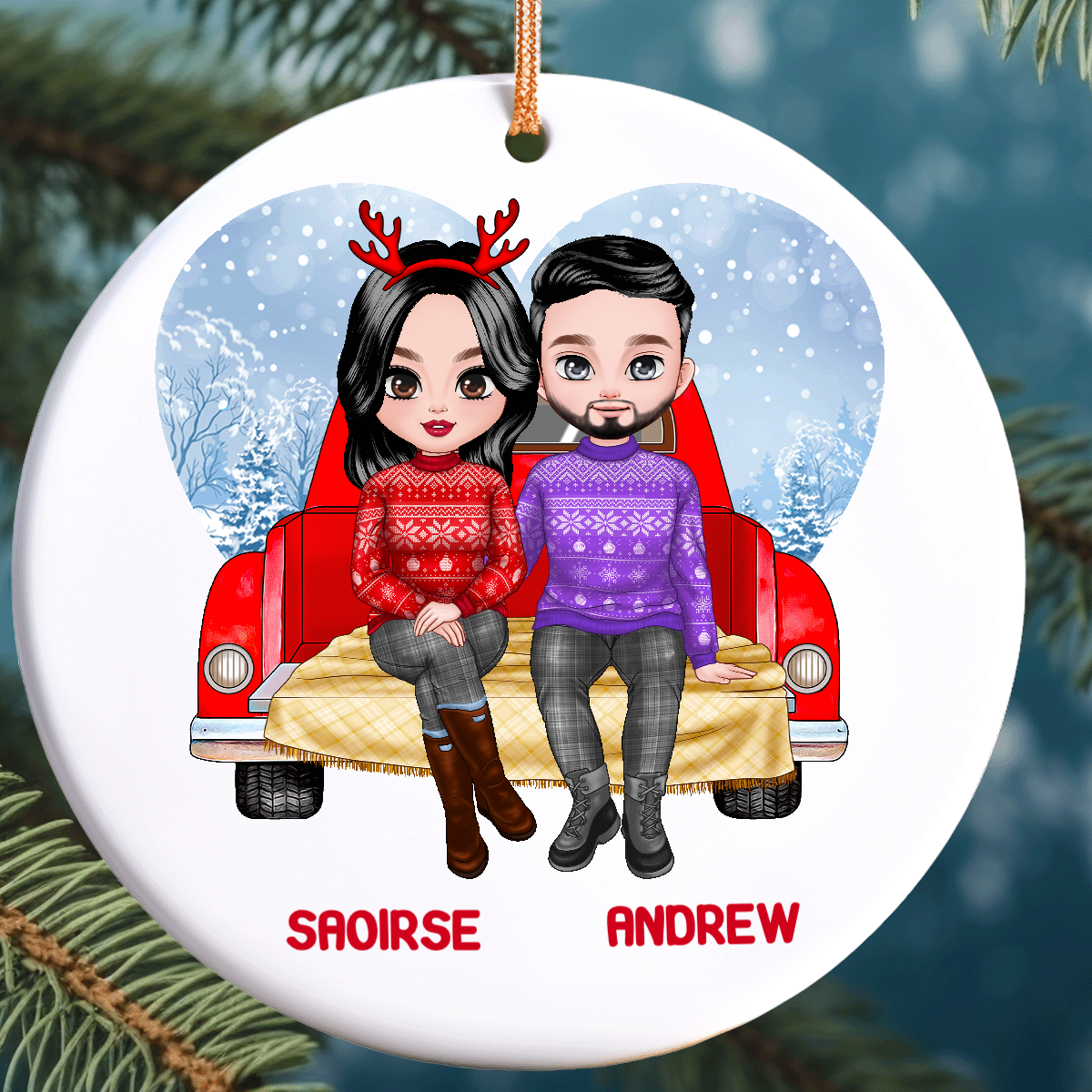 Personalised Christmas Ornament Gift Couple on Red Truck | 7.5cm Round Ceramic