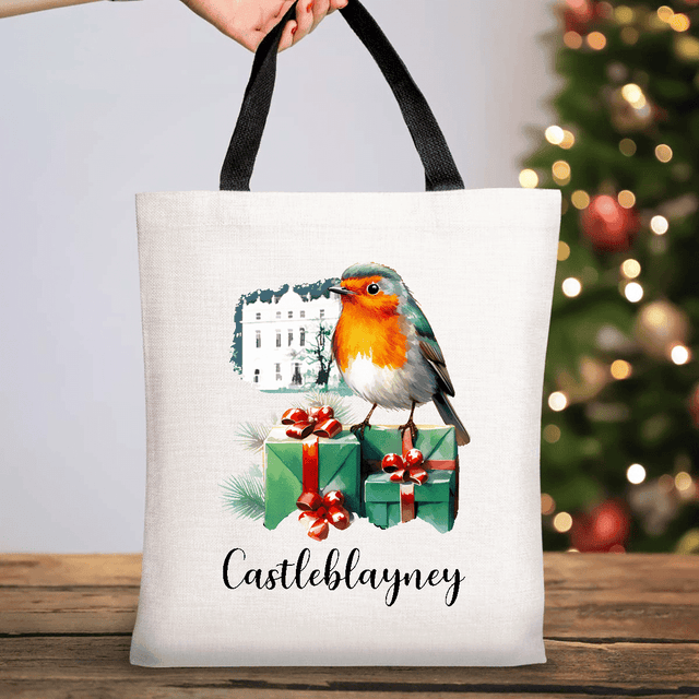 Christmas Tote Bag | Robin Hope Castle Castleblayney Design | Tote Bag with Short Black Handles – 37cm x 42cm