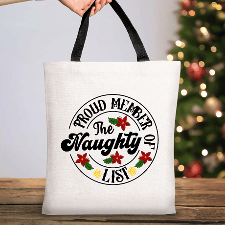 Christmas Tote Bags | Proud Member of the Naughty List Design | Tote Bag with Short Black Handles - 37cm x 42cm