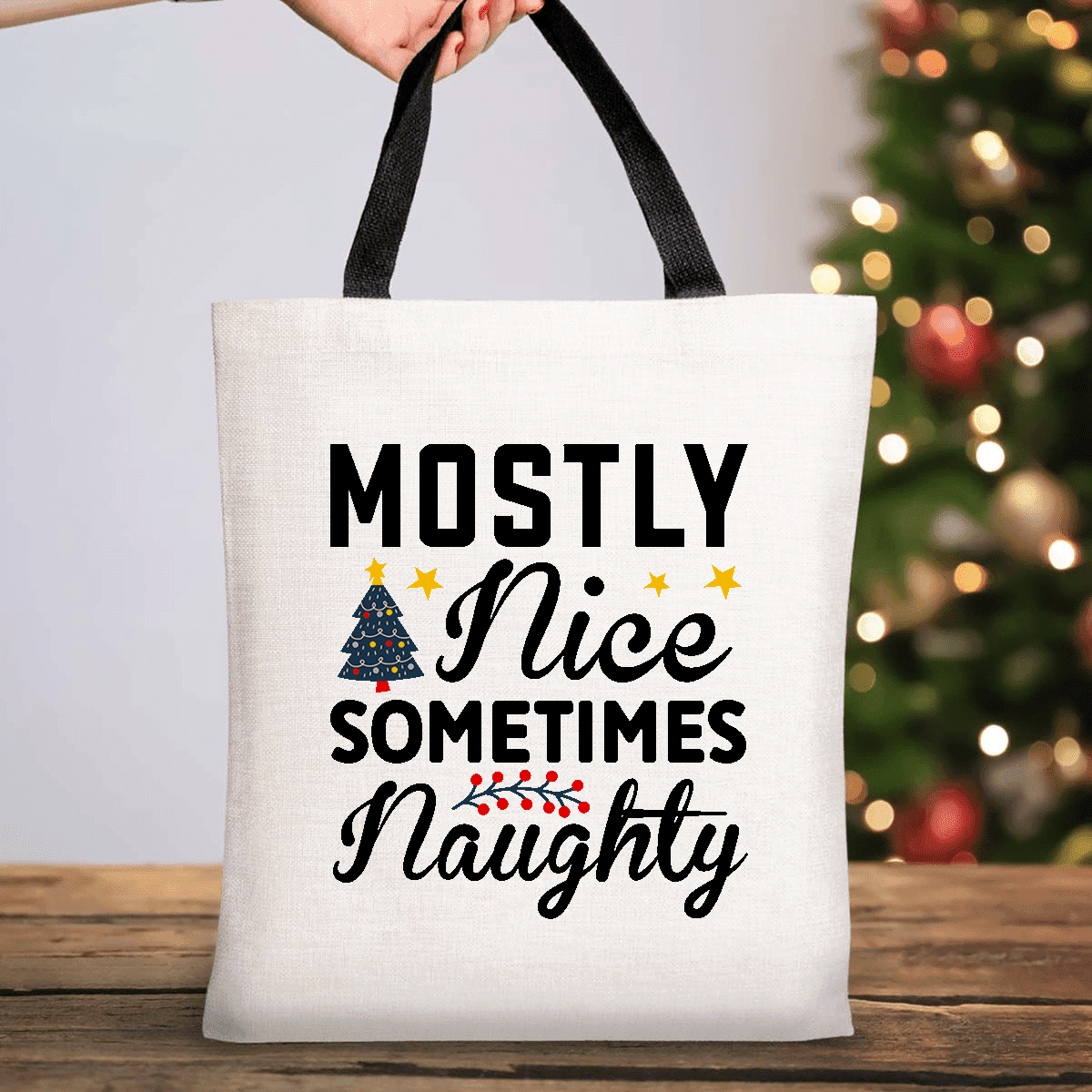 Christmas Tote Bag | Mostly Nice Sometimes Naughty Design | Tote Bag with Short Black Handles - 37cm x 42cm