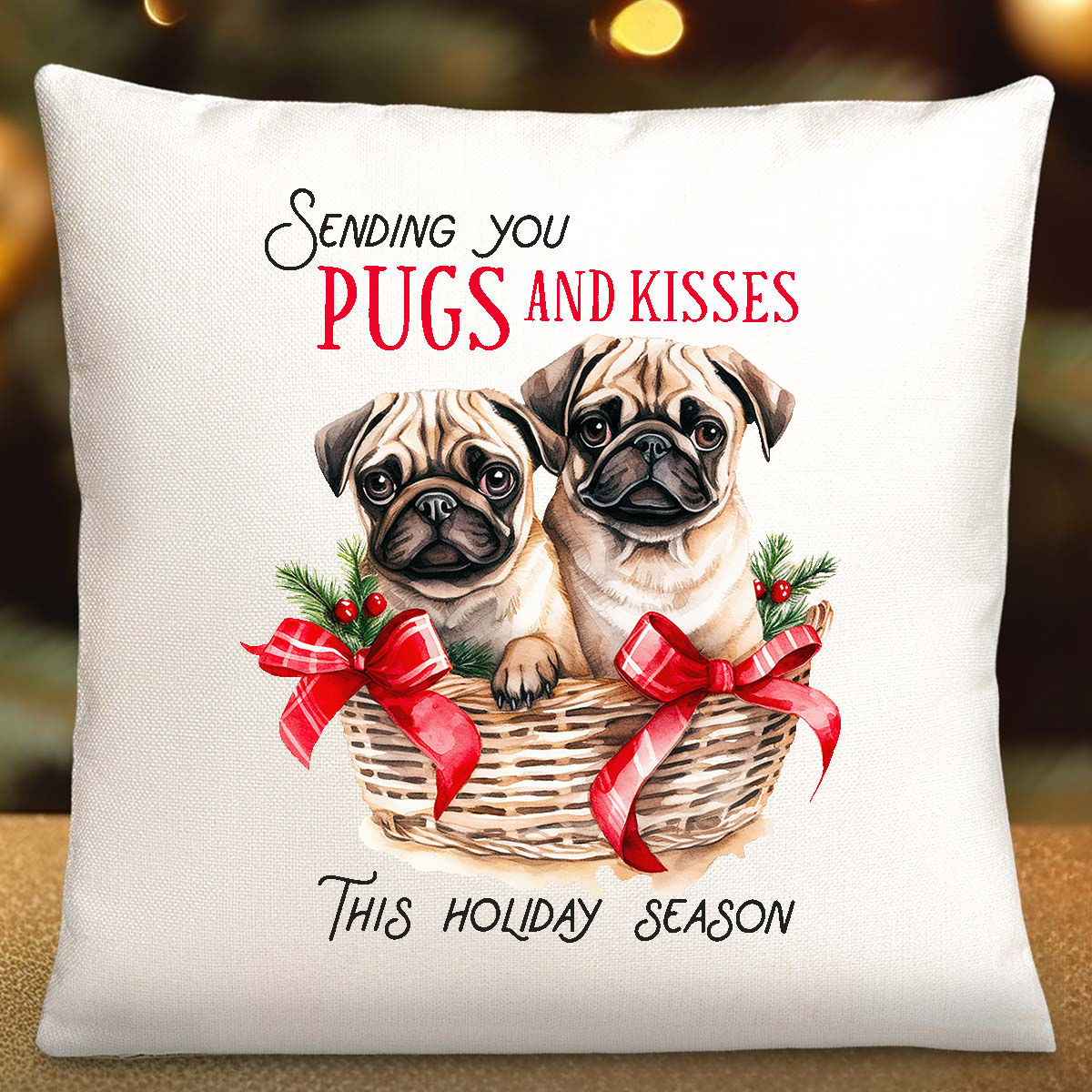 Christmas Cushion For Dog Lover | Pugs and Kisses | 40cm x 40cm