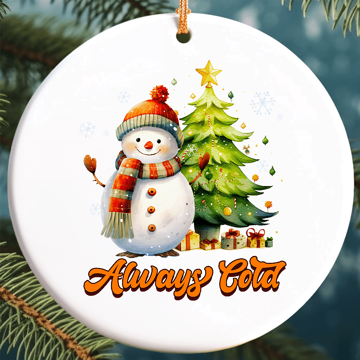 Christmas Ornament Gift - Cute Snowman Design | Custom Text | 75mm Round Ceramic