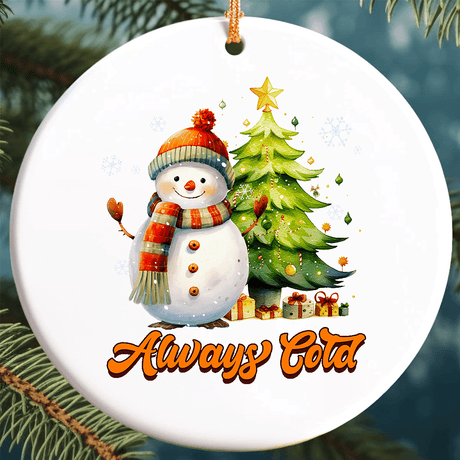 Christmas Ornament Gift - Cute Snowman Design | Custom Text | 75mm Round Ceramic