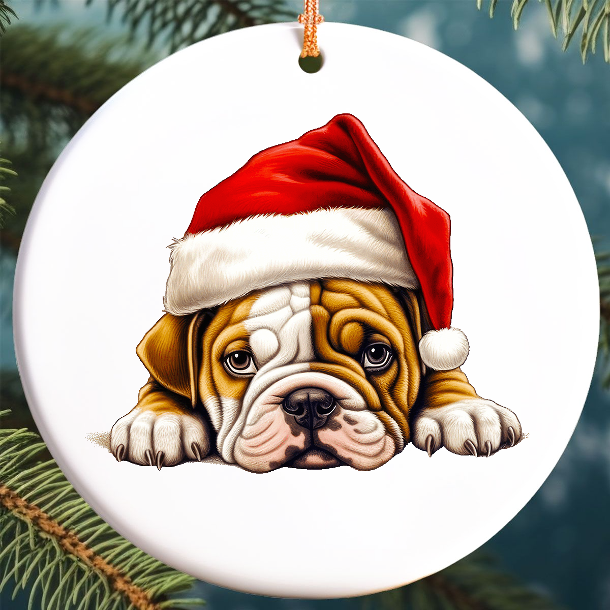 Christmas Gift Ornament | English Bulldog puppy | Ceramic 75 mm round