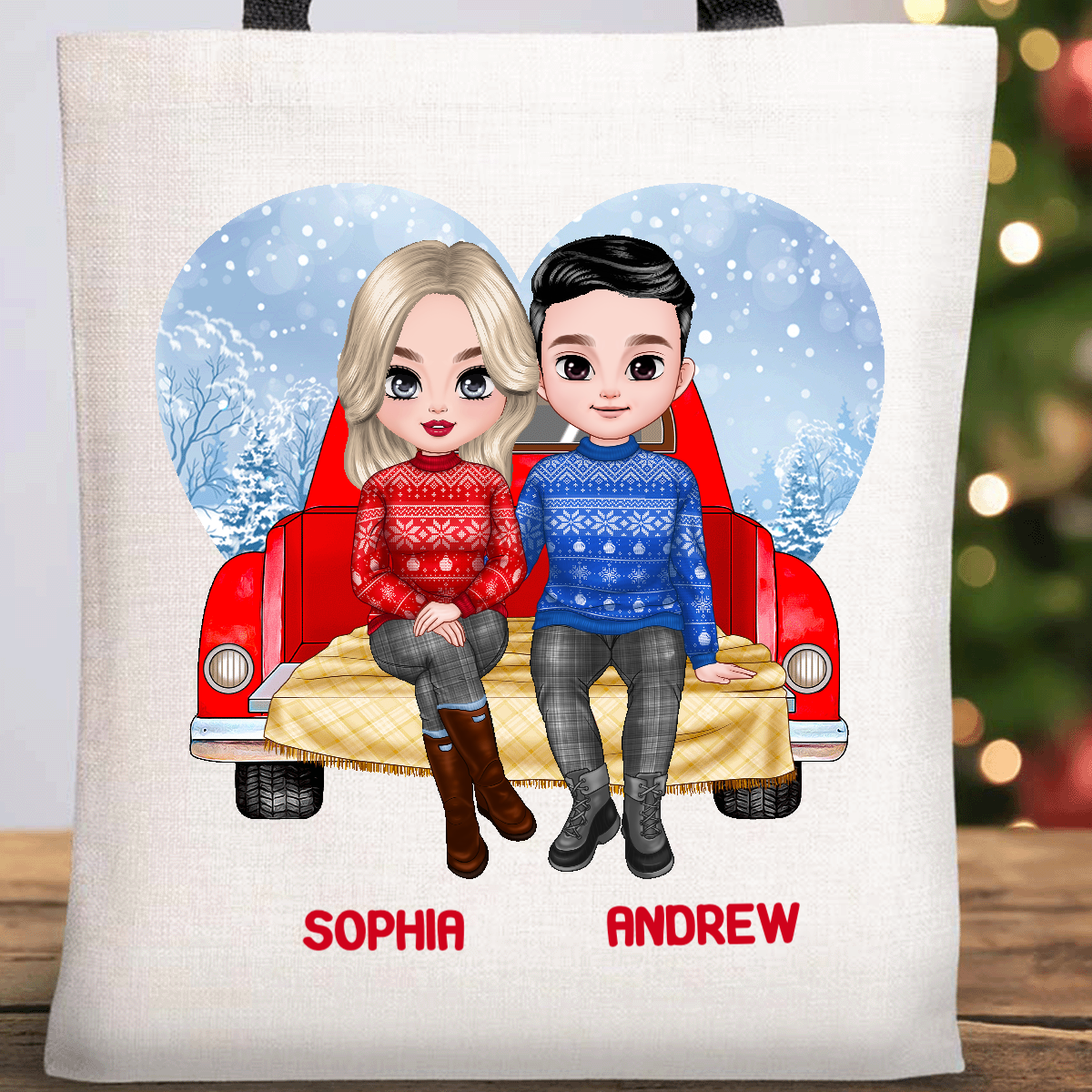 Personalised Tote Bag, Christmas Couple On The Red Truck, Short Black Handles, 37cm x 42cm