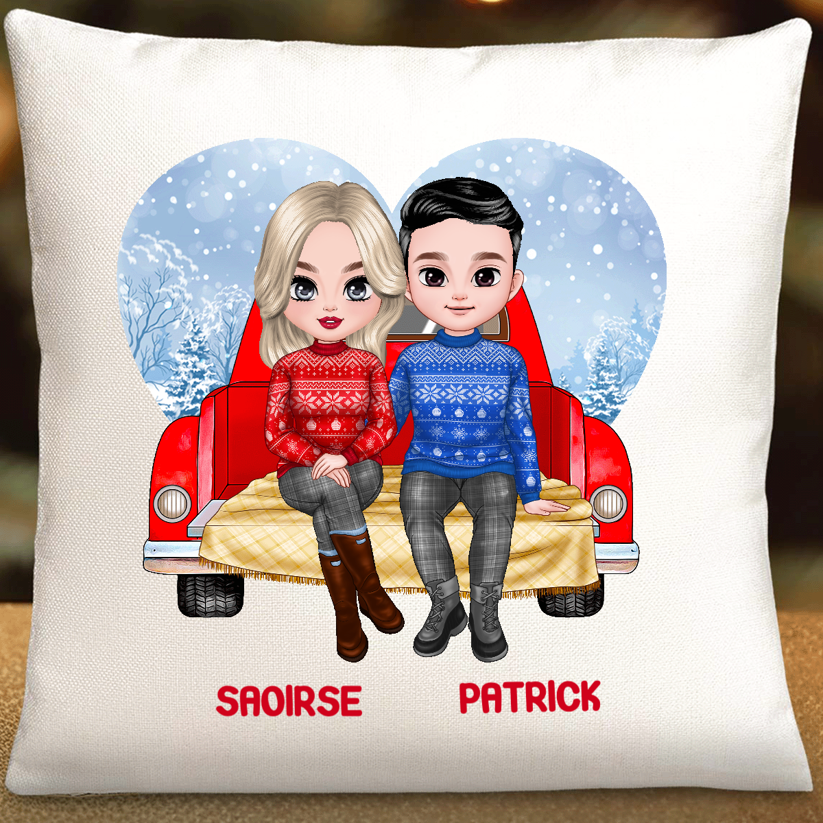 Personalised Christmas Gift Cushion | Couple On Red Truck Design | 40x40cm