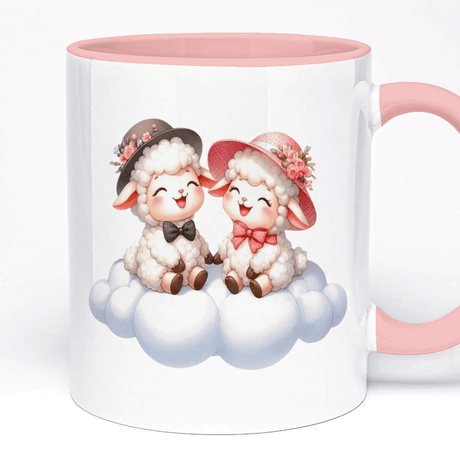 11oz Ceramic Mug - Personalise with Name or Text, 5 Colour Handle Option, Cute Sheep Design, Valentine's Day Gift