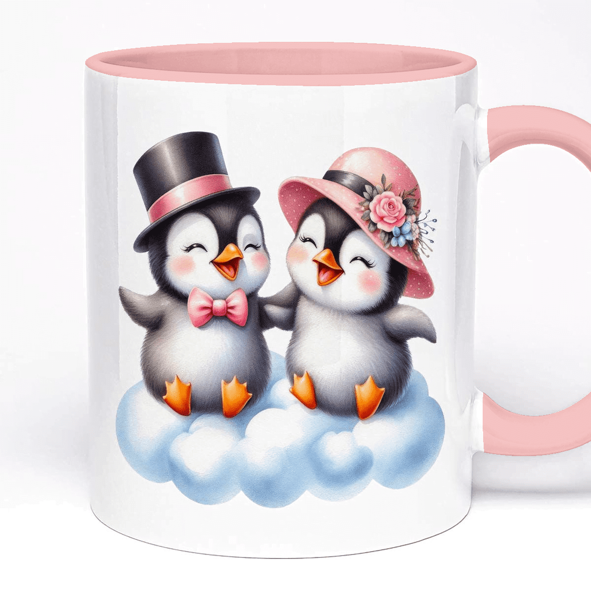 11oz Ceramic Gift Mug - Personalise with Name or Text, 5 Colour Option, Cute Penguins Design, Valentine's Day Gift