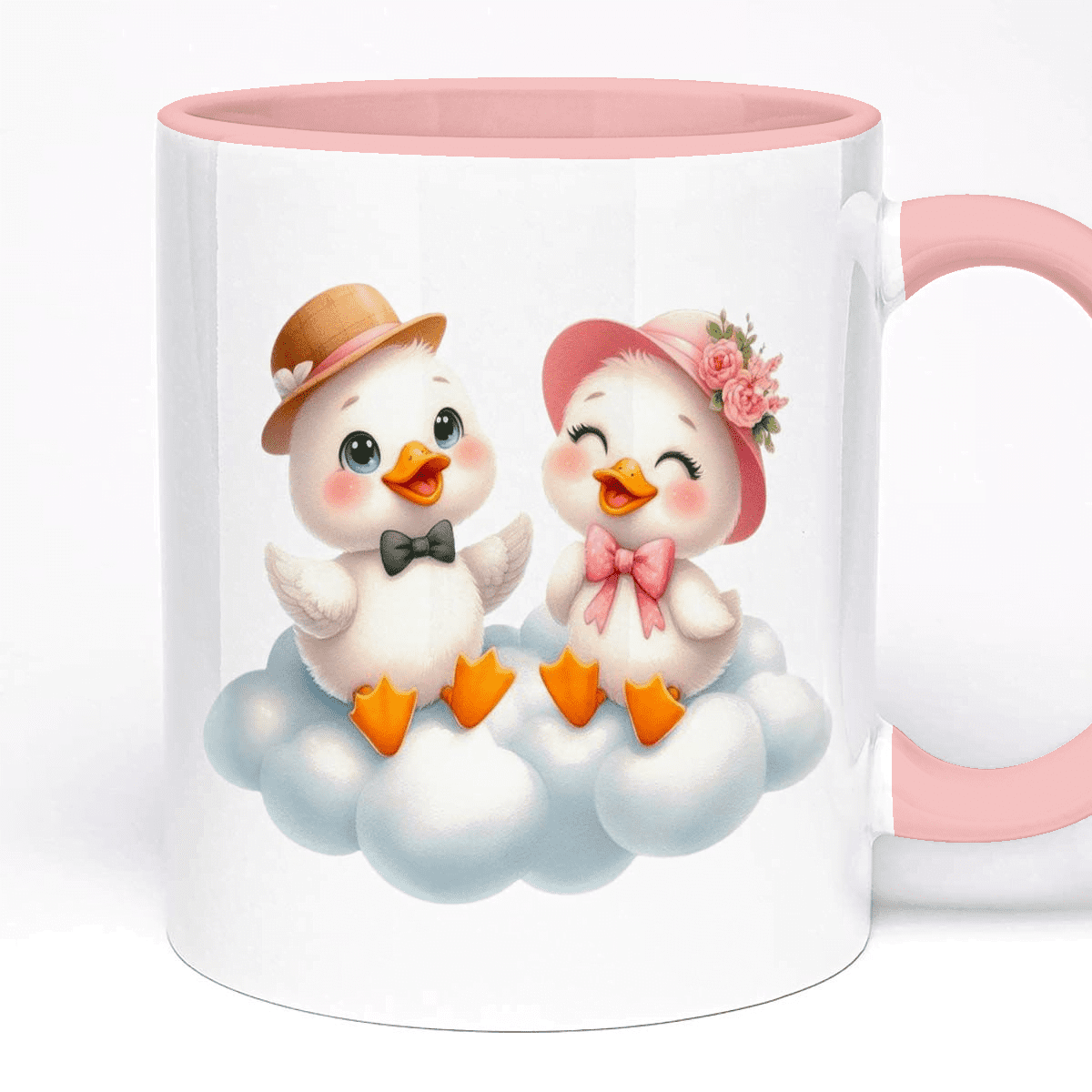 Cute Gift Mug 11oz Ceramic - with Name or Text, 5 Colour Option, Ducks on Cloud Design, Valentine's Day Gift for Her