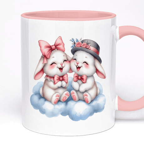 Ceramic Gift Mug 11oz - Optional Text, 5 Colour Option, Bunnies on Cloud Design, Valentine's Day Gift for Her