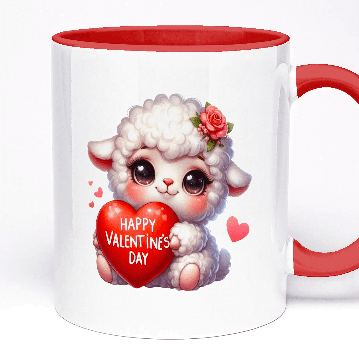 Valentine's Day Mug 11oz Ceramic - Optional Text Field, 5 Handle Colours, Cute Sheep Holding Heart Design, Gift for Her