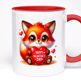 Valentine's Day Mug | with Optional Text Field, 5 Colour Options for Handle, 11oz Ceramic, Cute Fox Holding Heart Valentine's Day Design, Gift for Her