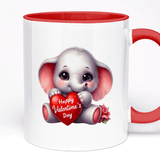 Valentine's Day Mug | with Optional Text Field, 5 Colour Options for Handle, 11oz Ceramic, Cute Elephant Holding Heart Valentine's Day Design, Gift for Her