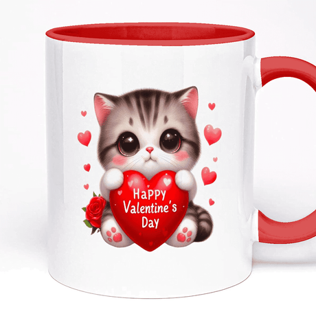 Valentine's Day Mug | Field for Custom Text, 5 Colours for Handle, 11oz Ceramic, Cute Cat Holding Heart Valentine's Day Design, Gift for Her