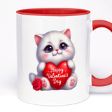 Valentine's Day Mug | Custom Text Option, 5 Colours for Handle, 11oz Ceramic, Cat Holding Heart Design, Gift for Her