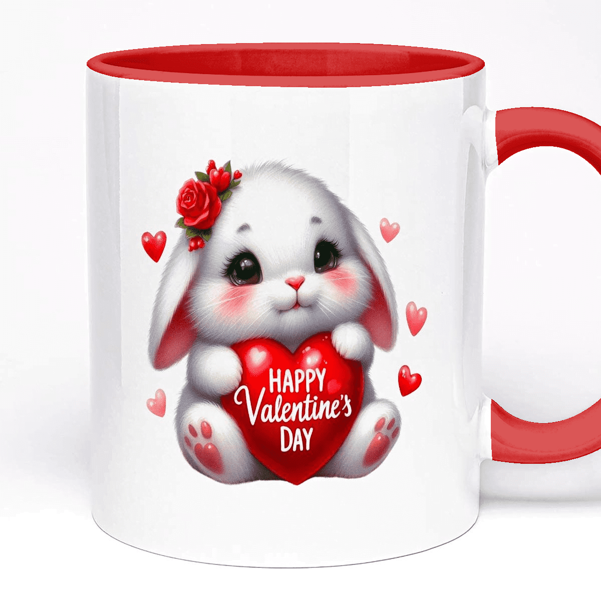 Valentine's Day Mug | Custom Text Field, 5 Colours for Handle, 11oz Ceramic, Cute Bunny Holding Heart Design, Gift for Her