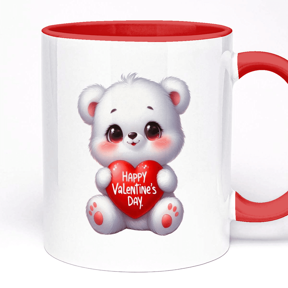 Valentine's Day Mug | Option for Custom Text, 5 Colours for Handle, 11oz Ceramic, Adorable Bear Holding Heart Design, Gift for Her