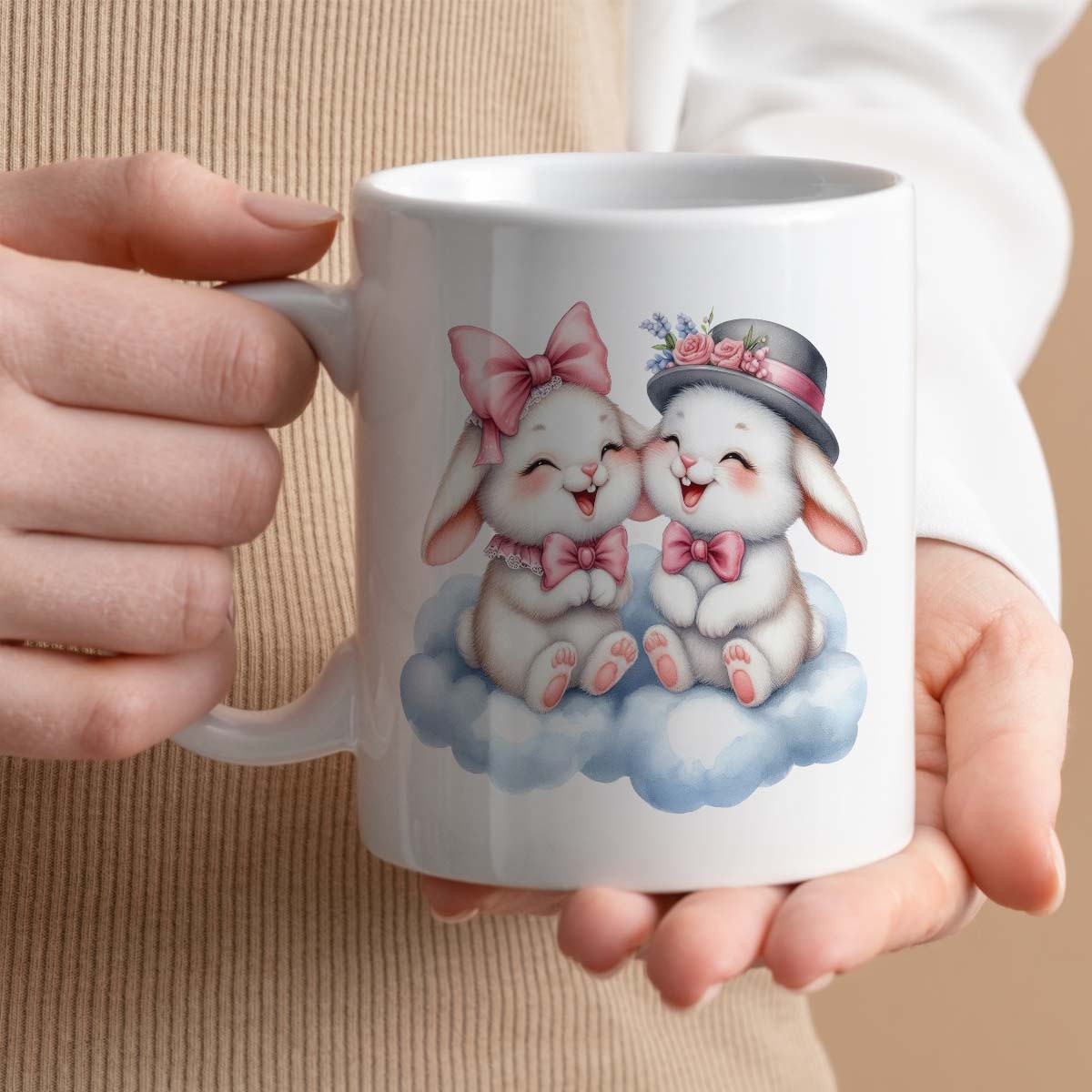 Ceramic Gift Mug 11oz, 5 Colour Option, Bunnies on Cloud Design, Valentine's Day Gift for Her