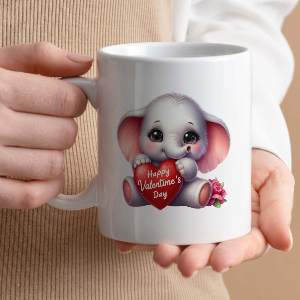 Valentine's Day Gift Mug | Cute Elephant Holding Heart Valentine's Day Design | 11oz Ceramic Mug