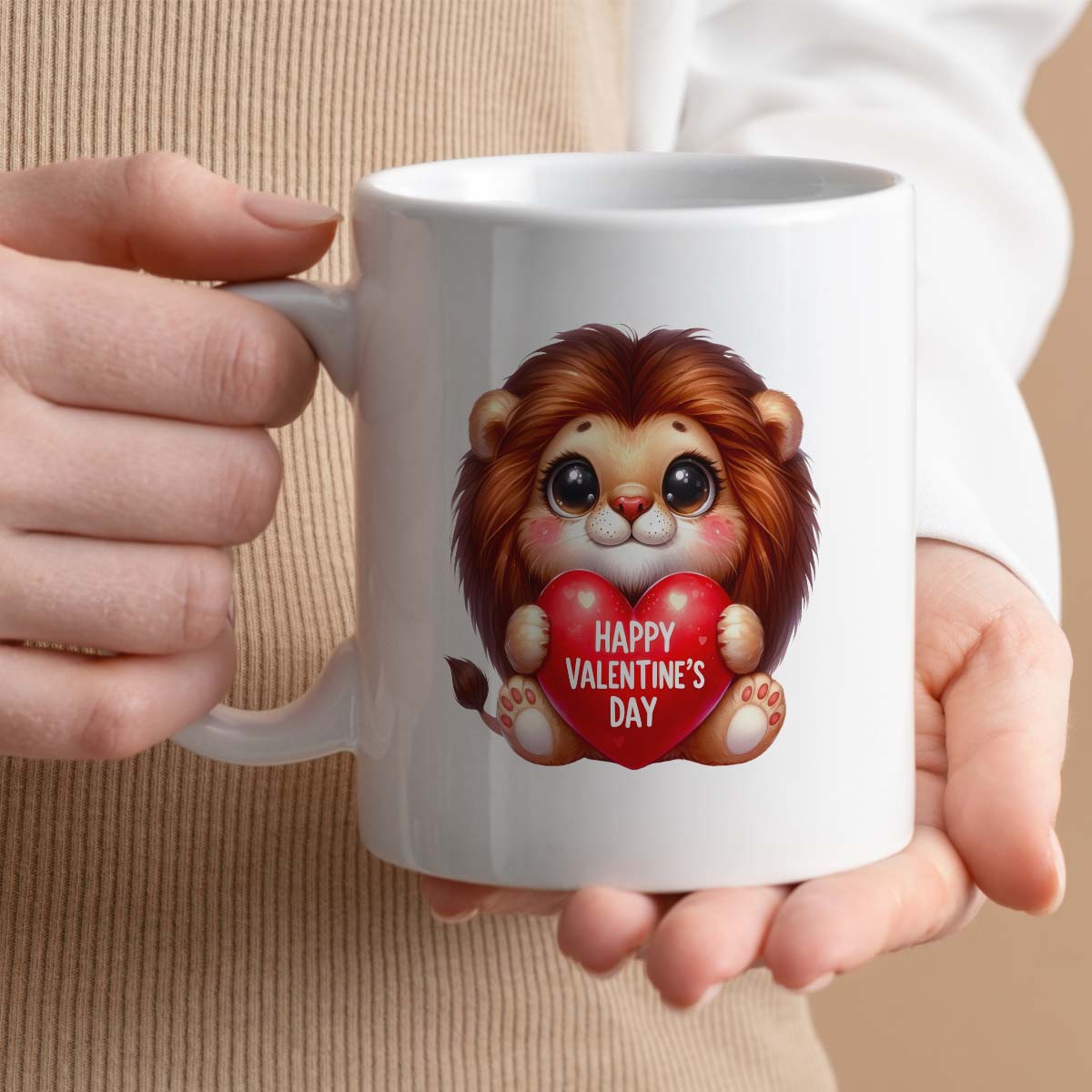 Valentine's Day Romantic Gift Mug | 11oz Ceramic | Cute Lion Holding Heart Design