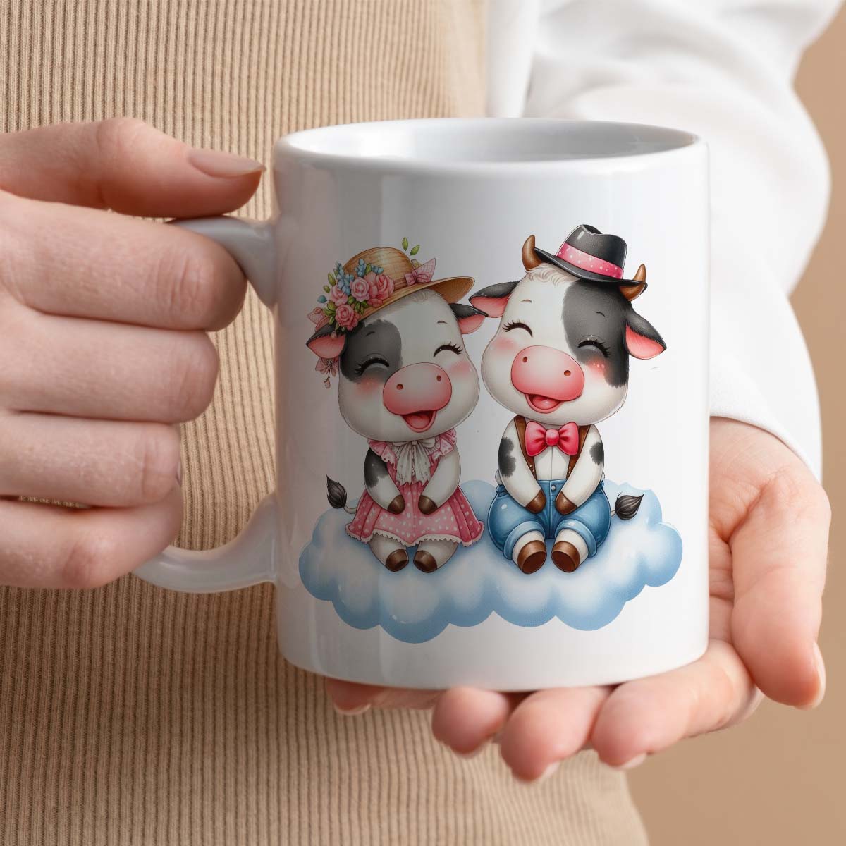 Gift Mug 11oz Ceramic | Cute Cows on Cloud Design | Romantic Valentine's Day Gift for Her