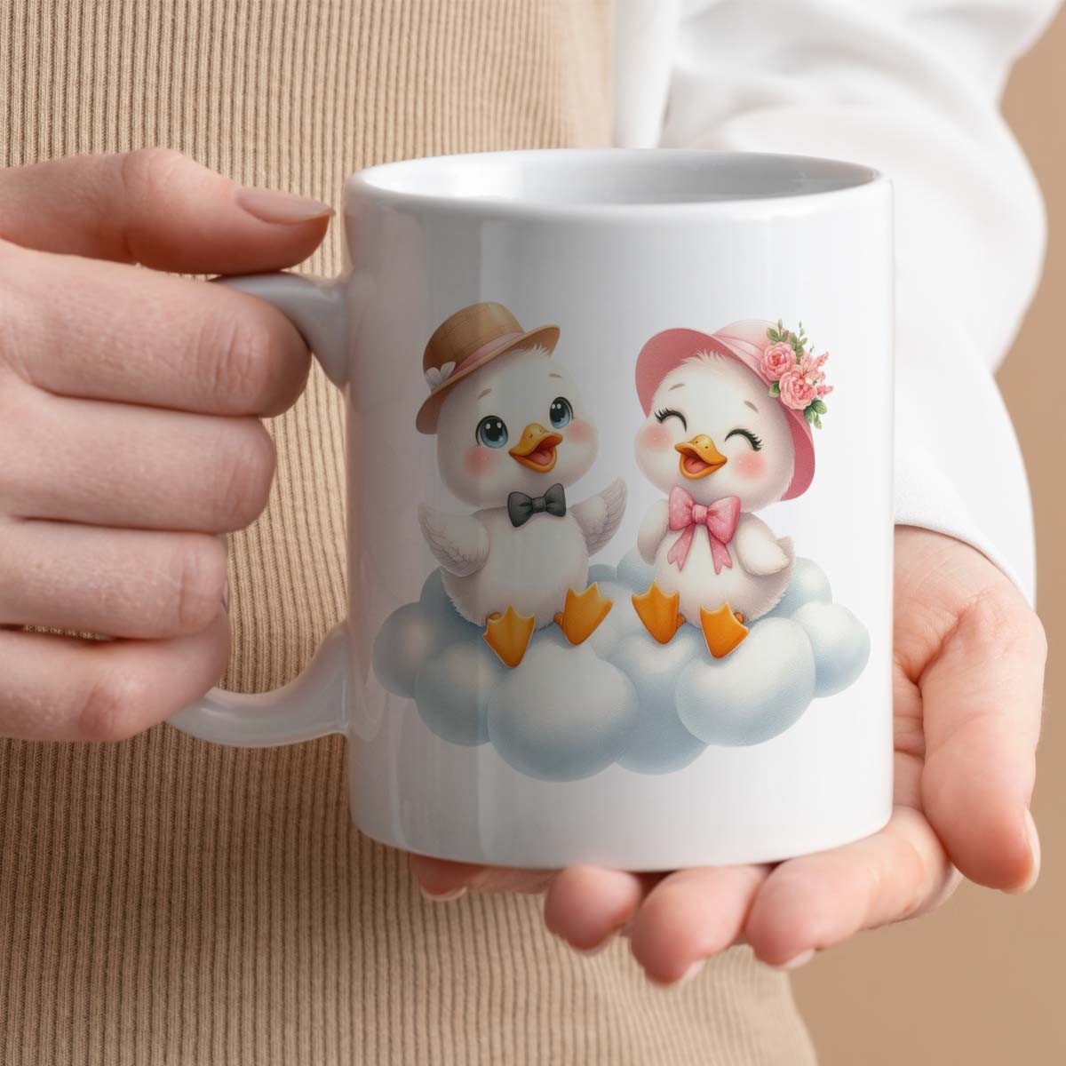 Gift Mug 11oz Ceramic | Cute Ducks on Cloud Design | Romantic Valentine's Day Gift