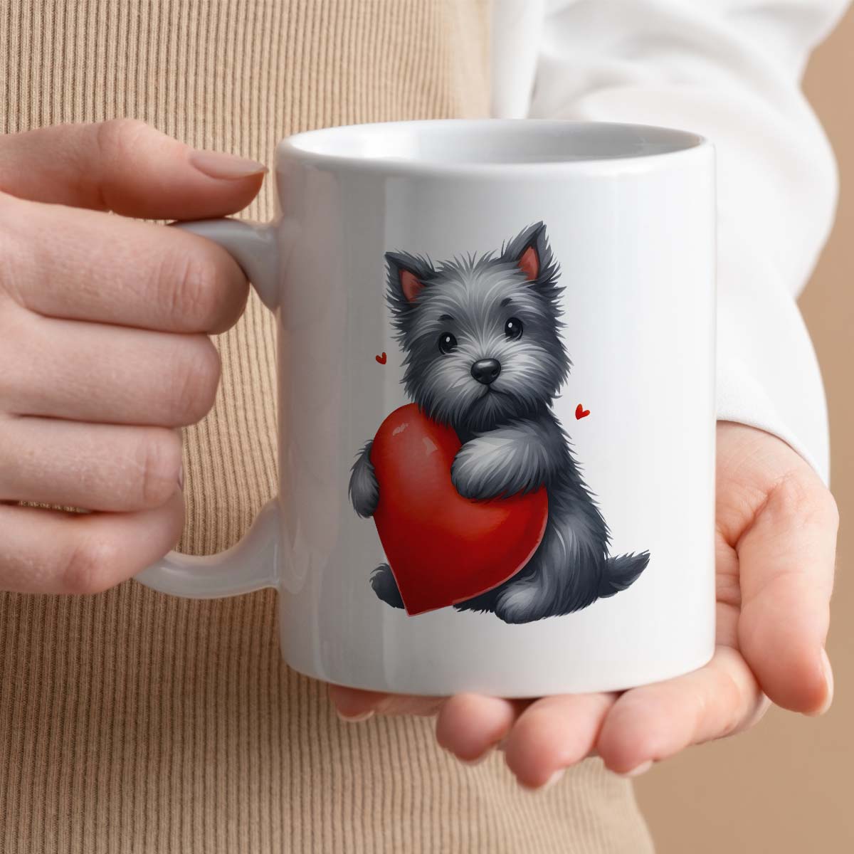 Romantic Valentine's Day Gift Mug | 11oz Ceramic Mug with Custom Text | Cute Scottie Dog Design